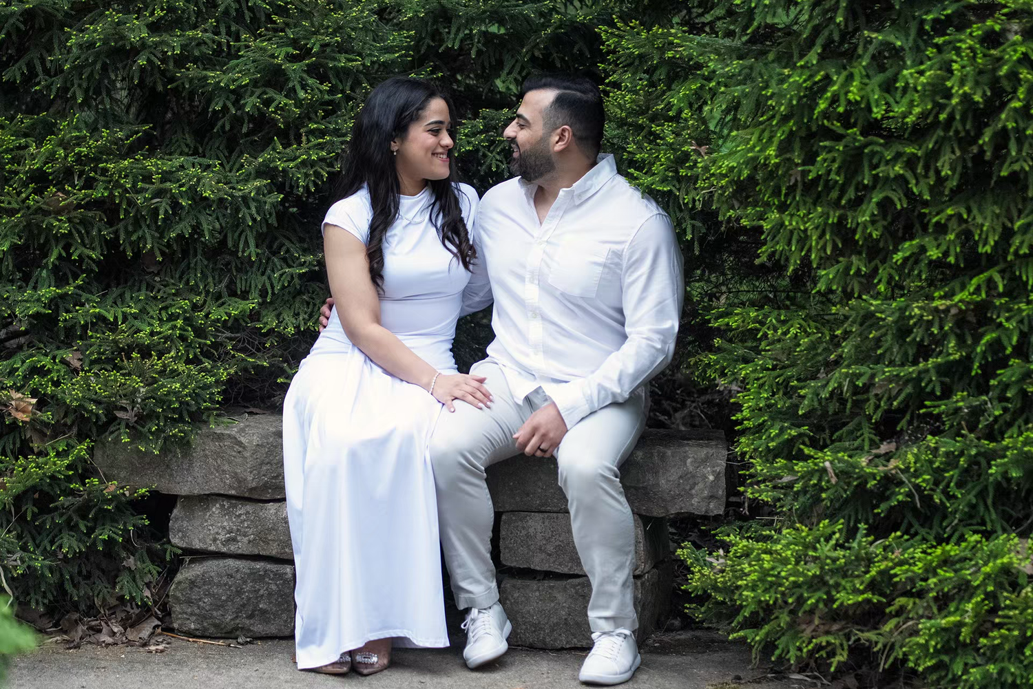 artistic engagement photo of an elegant couple at Inniswood Metro Gardens \