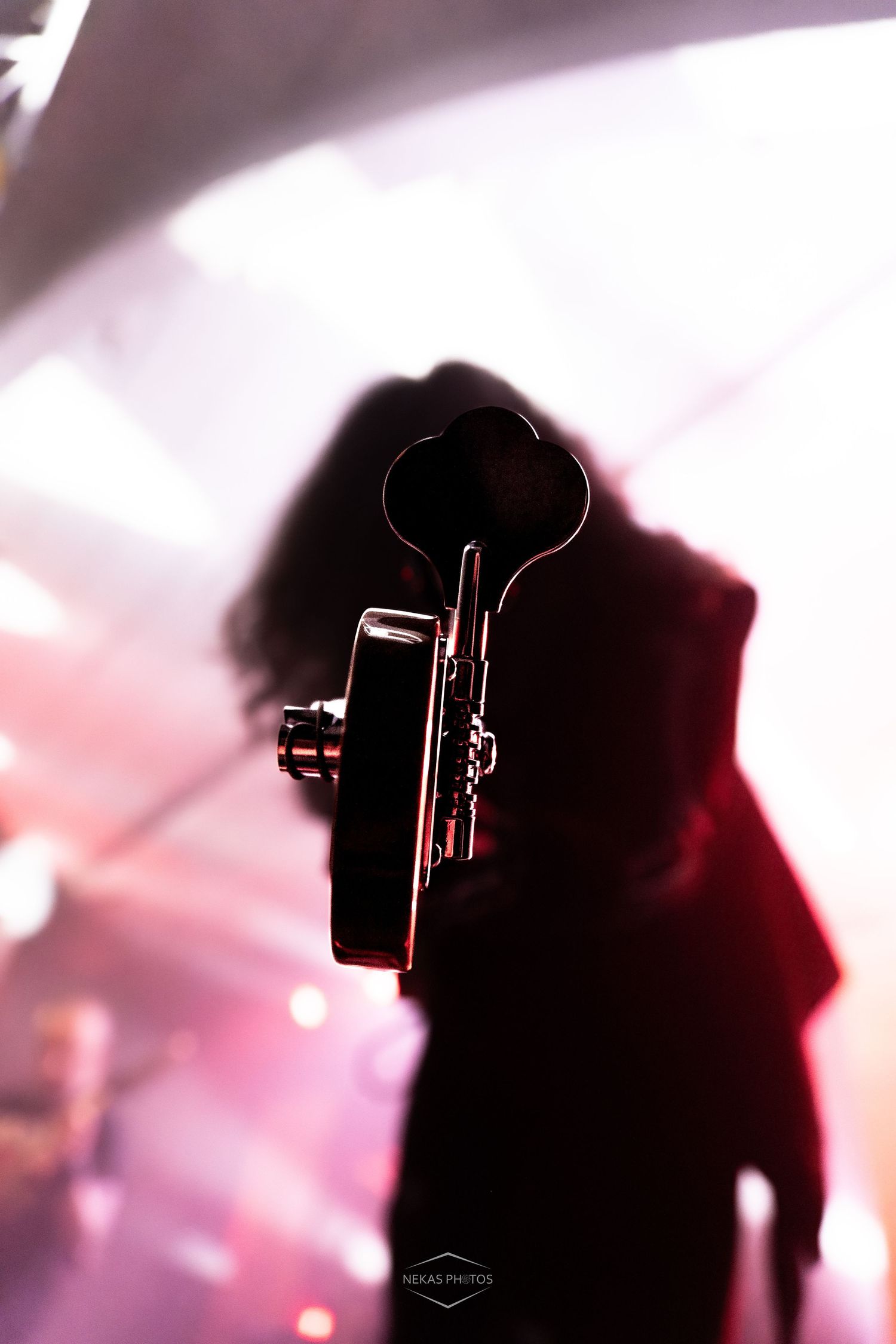 Silhouetted musician holds trumpet toward camera on a dramatic pink and red lit concert stage.