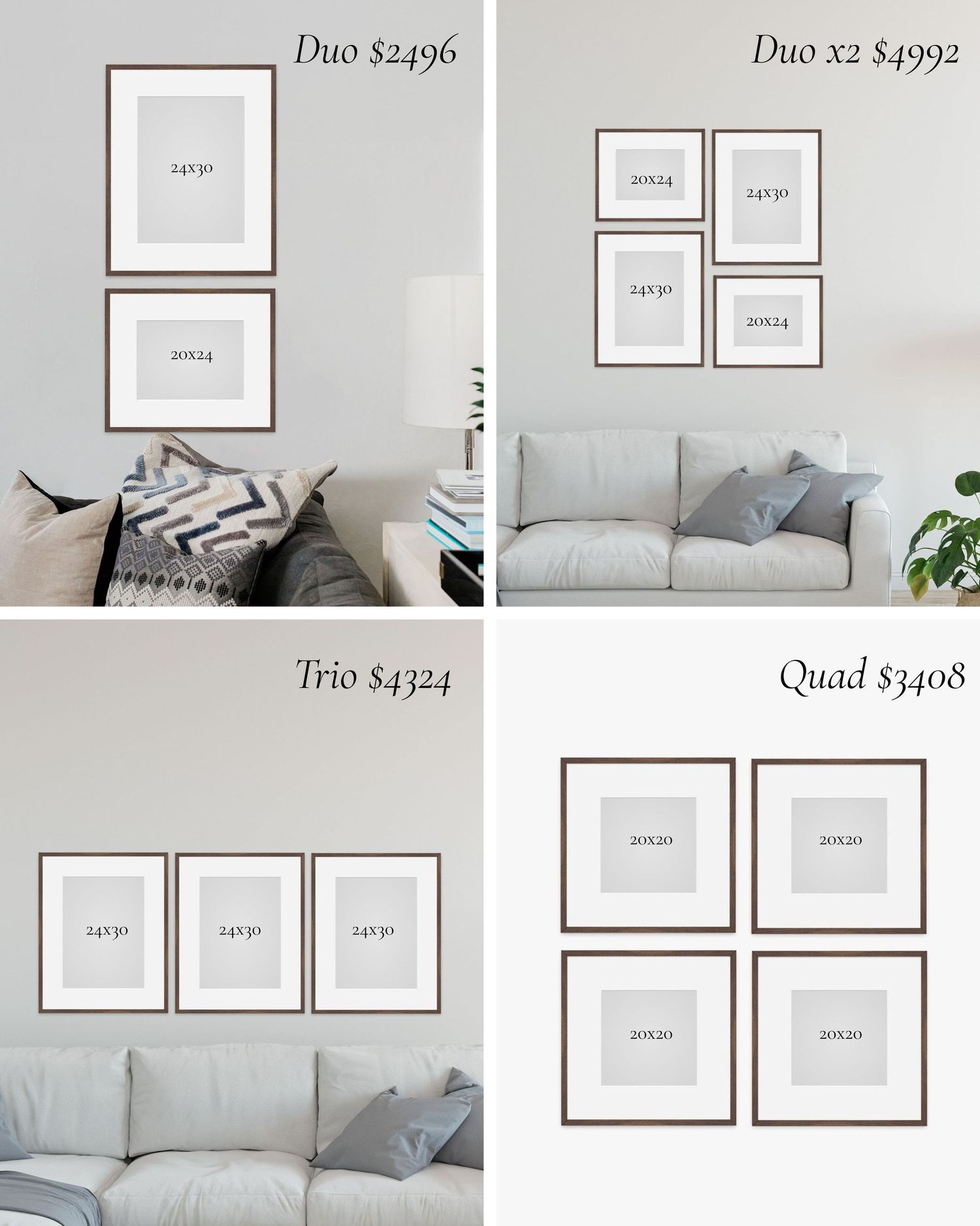 Four framed wall art arrangement options for living rooms, showing Duo, Duo x2, Trio, and Quad configurations with pricing.