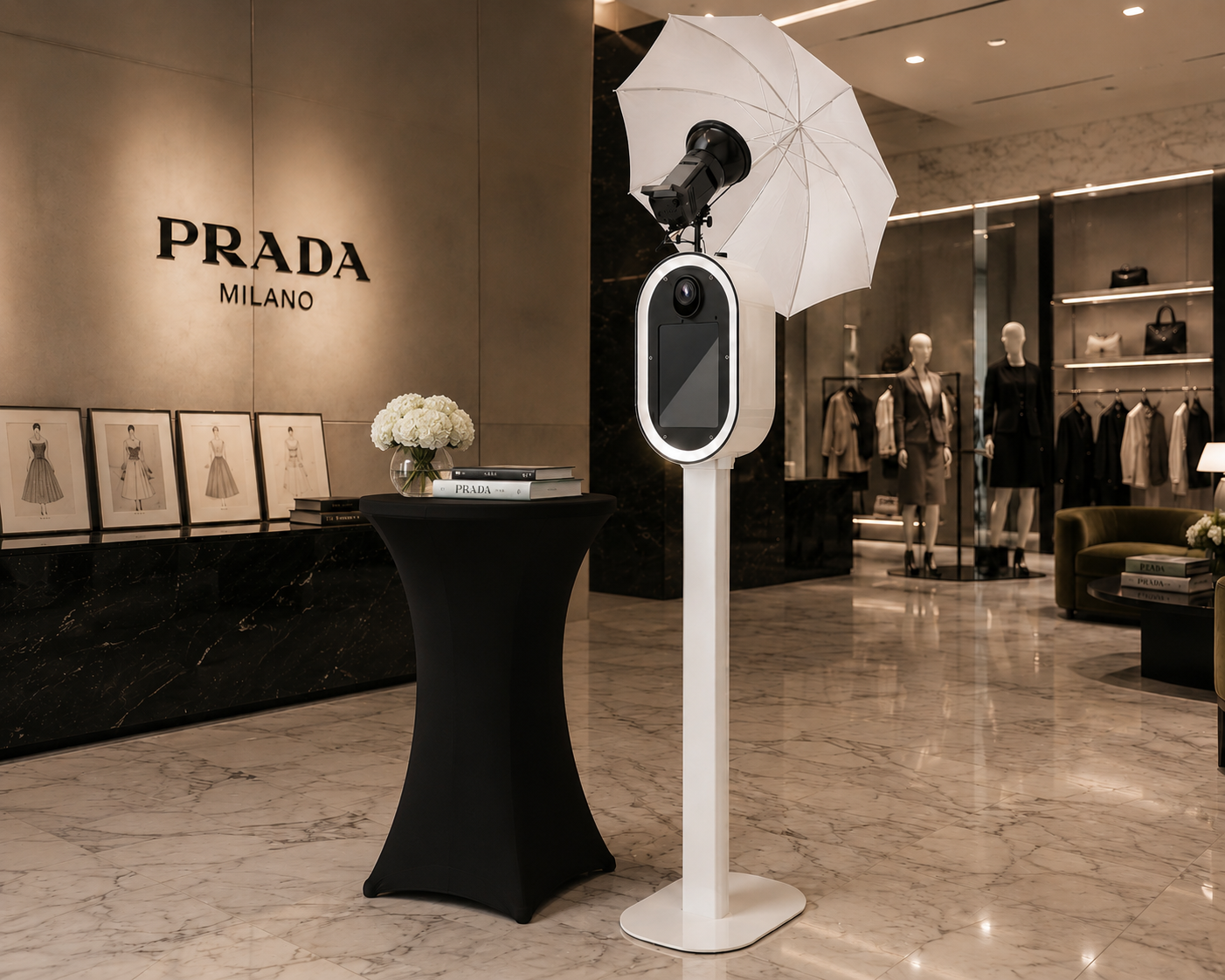 A modern photo booth with umbrella lighting setup inside a luxurious Prada Milano retail store with marble floors.