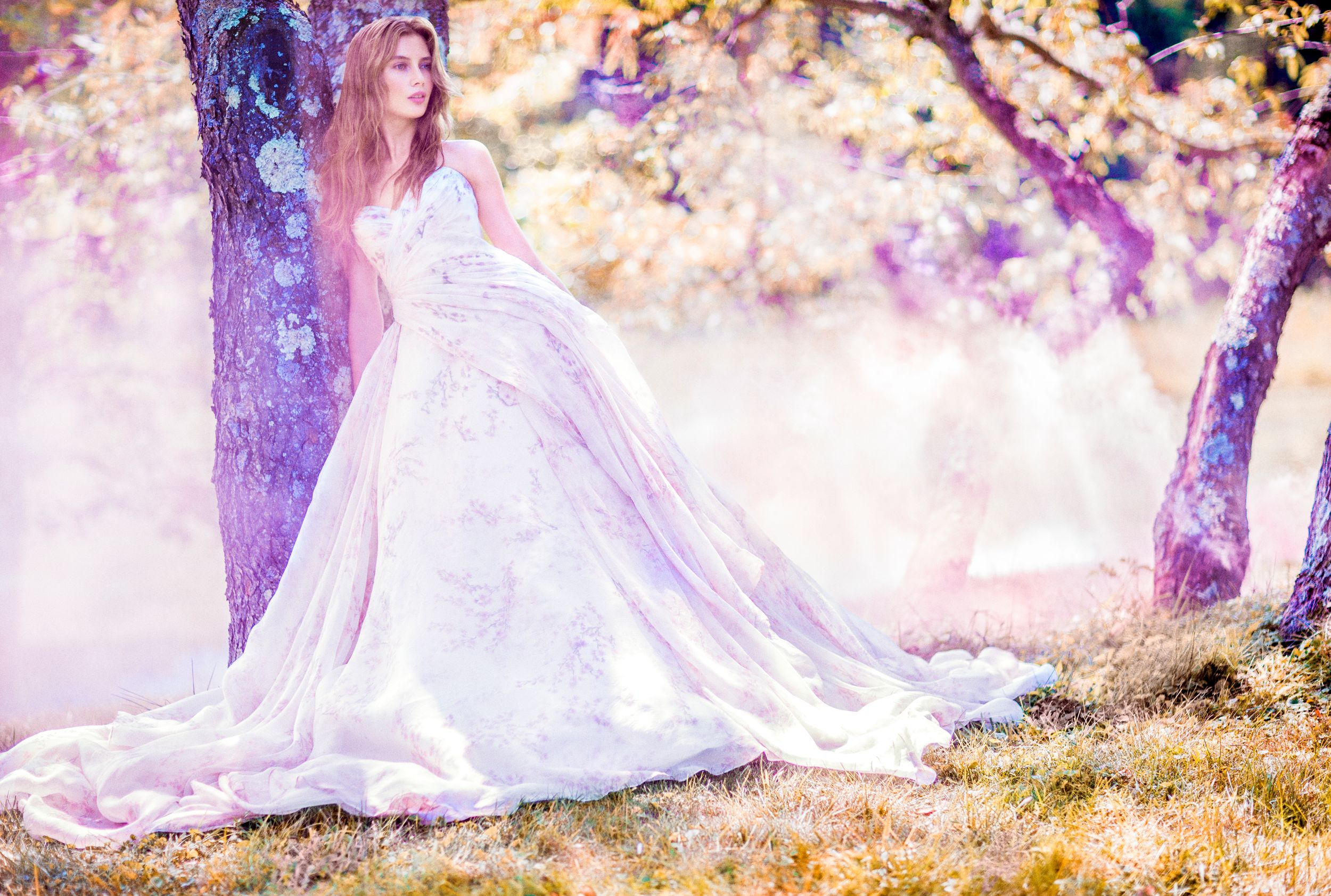 A bride in a flowing white lace gown stands gracefully among autumn trees in a dreamy, soft-lit forest setting.