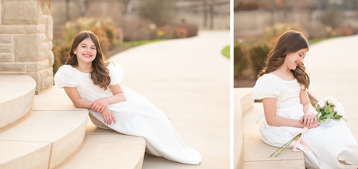 Religious Milestone Baptism portraits for 8 Year old Girl in Downtown Bartlesville at the Conoco Plaza by Bartlesville Photographer Kristi B
