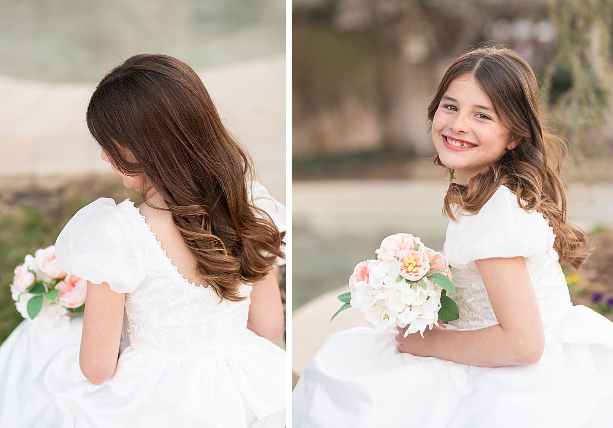 Religious Milestone Baptism portraits for 8 Year old Girl in Downtown Bartlesville at the Conoco Plaza by Bartlesville Photographer Kristi B