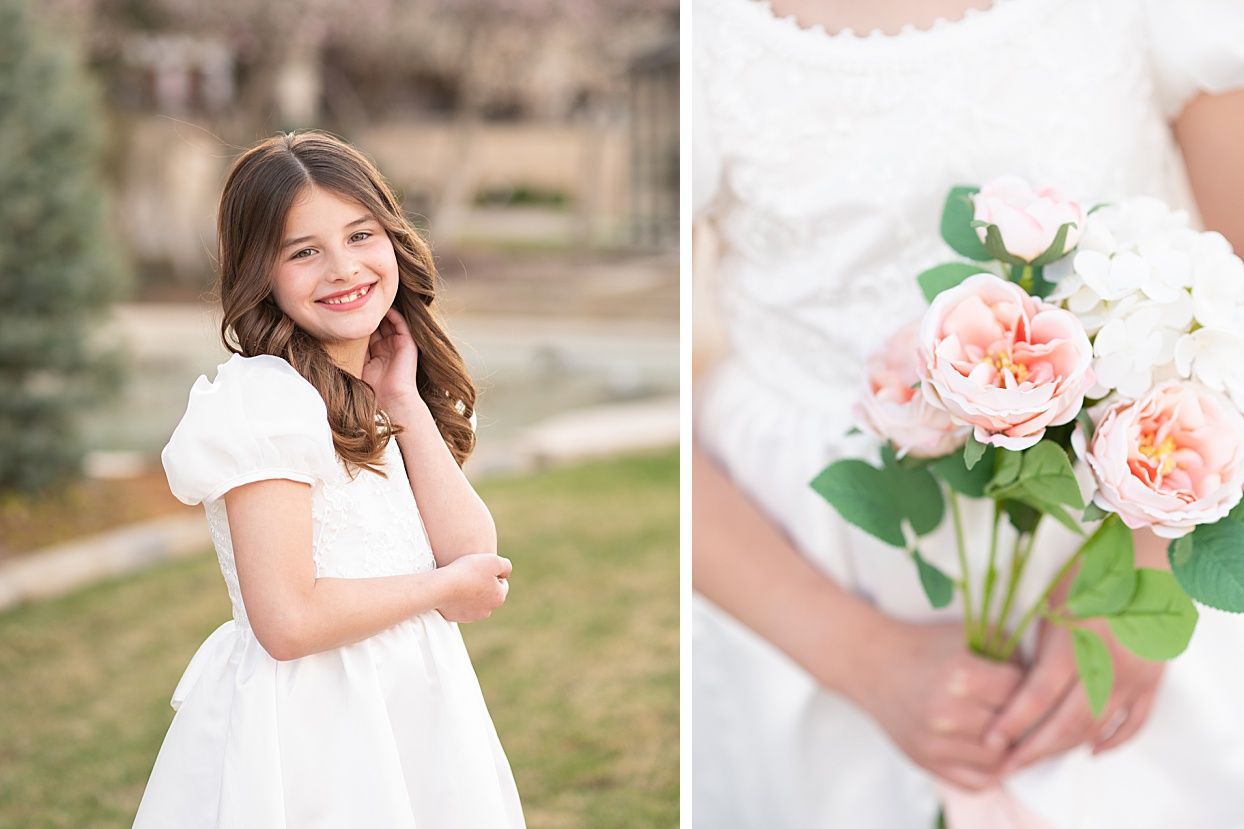 Religious Milestone Baptism portraits for 8 Year old Girl in Downtown Bartlesville at the Conoco Plaza by Bartlesville Photographer Kristi B