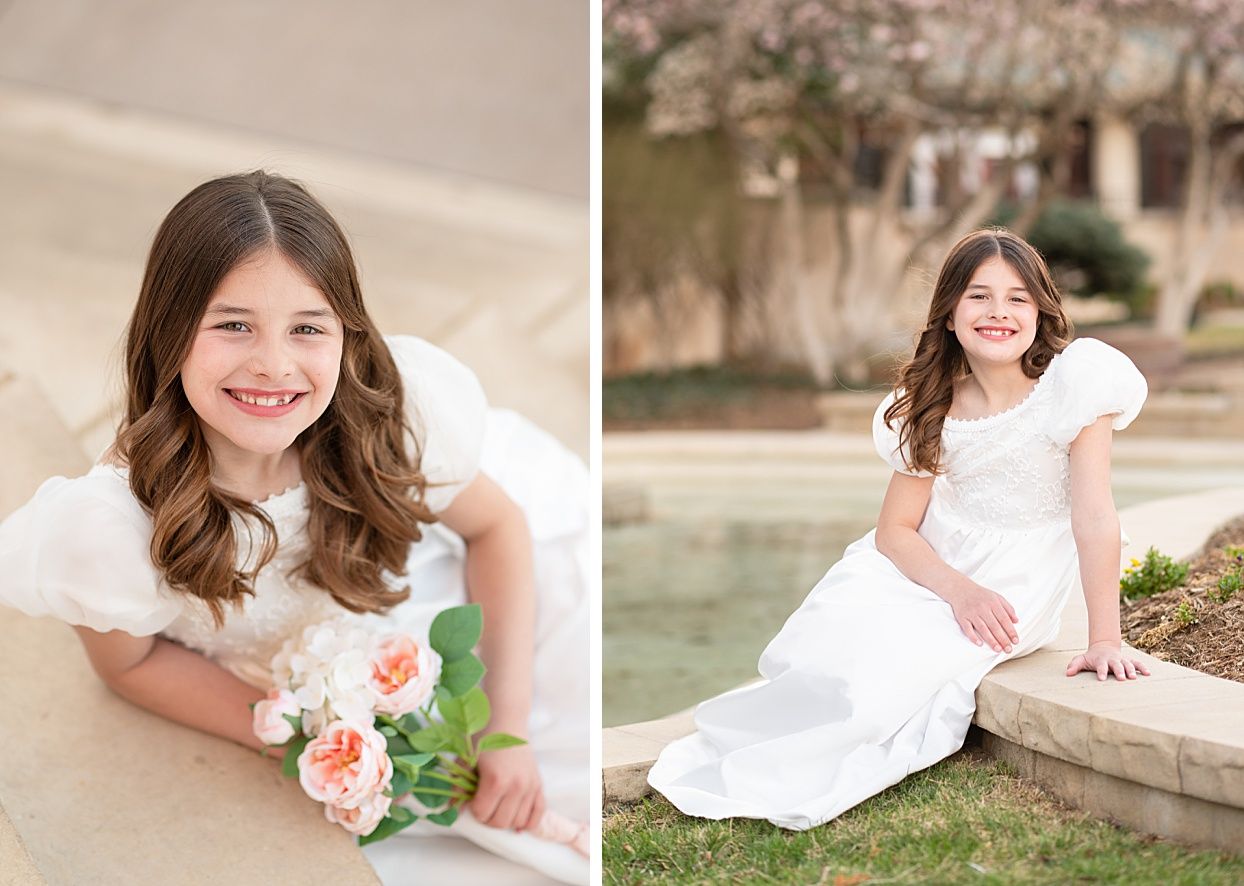 Religious Milestone Baptism portraits for 8 Year old Girl in Downtown Bartlesville at the Conoco Plaza by Bartlesville Photographer Kristi B