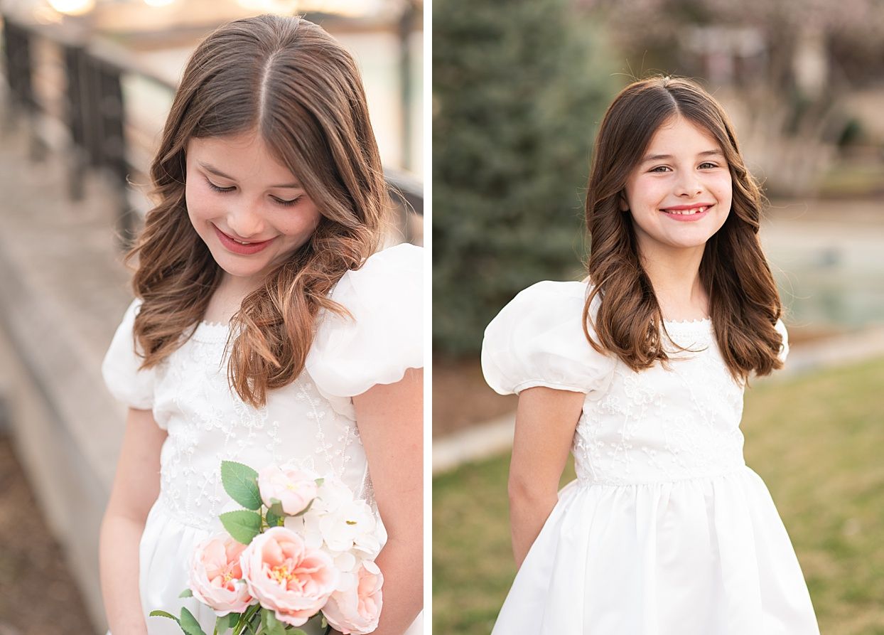 Religious Milestone Baptism portraits for 8 Year old Girl in Downtown Bartlesville at the Conoco Plaza by Bartlesville Photographer Kristi B
