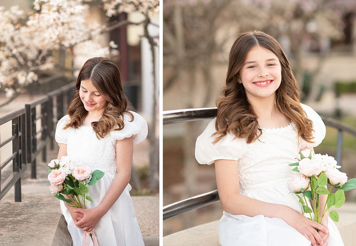 Religious Milestone Baptism portraits for 8 Year old Girl in Downtown Bartlesville at the Conoco Plaza by Bartlesville Photographer Kristi B
