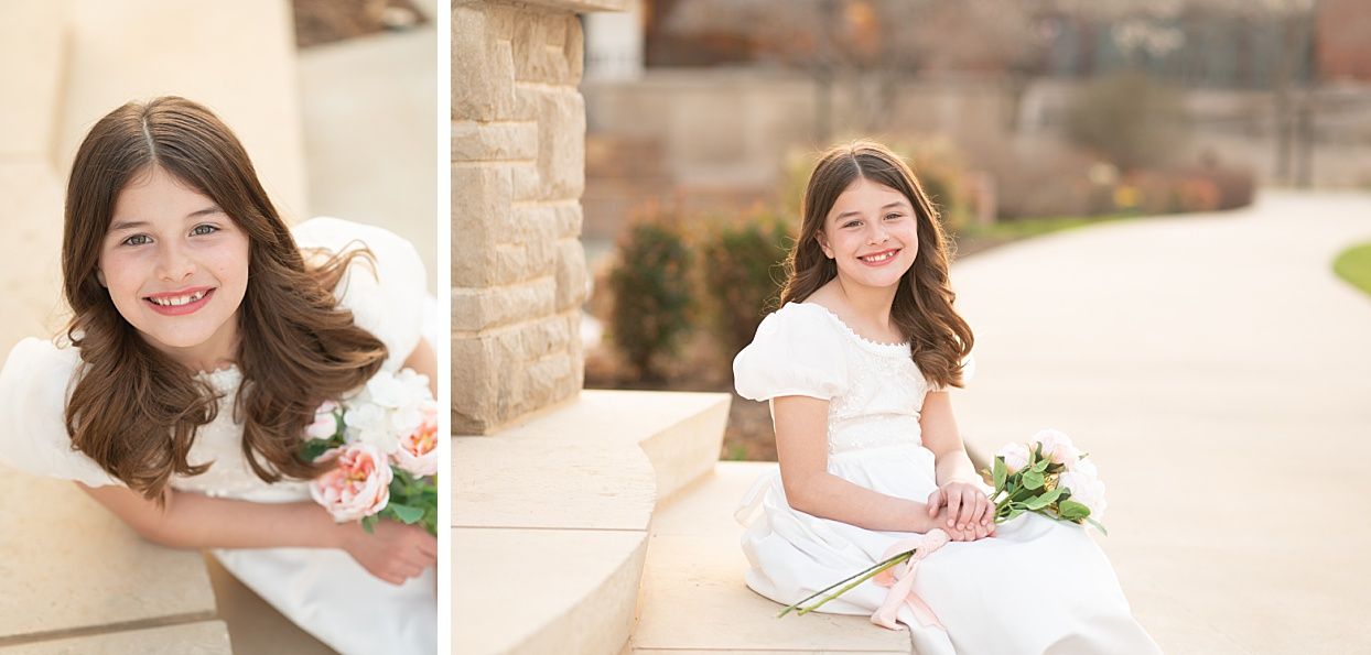 Religious Milestone Baptism portraits for 8 Year old Girl in Downtown Bartlesville at the Conoco Plaza by Bartlesville Photographer Kristi B