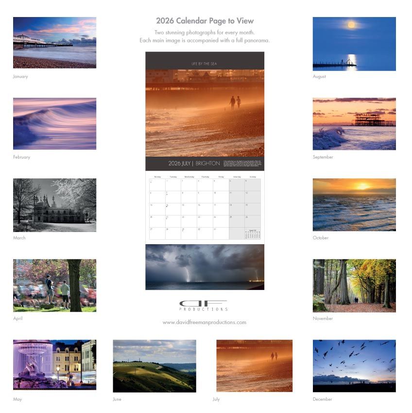 Back cover of Brighton Calendar 2026 by award-winning photographer David Freeman. Shows a range of photographs used in this year's calendar.