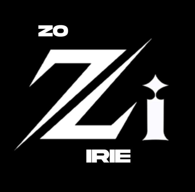 Black and white logo design featuring stylized text 'ZO IRIE' with angular lettering.