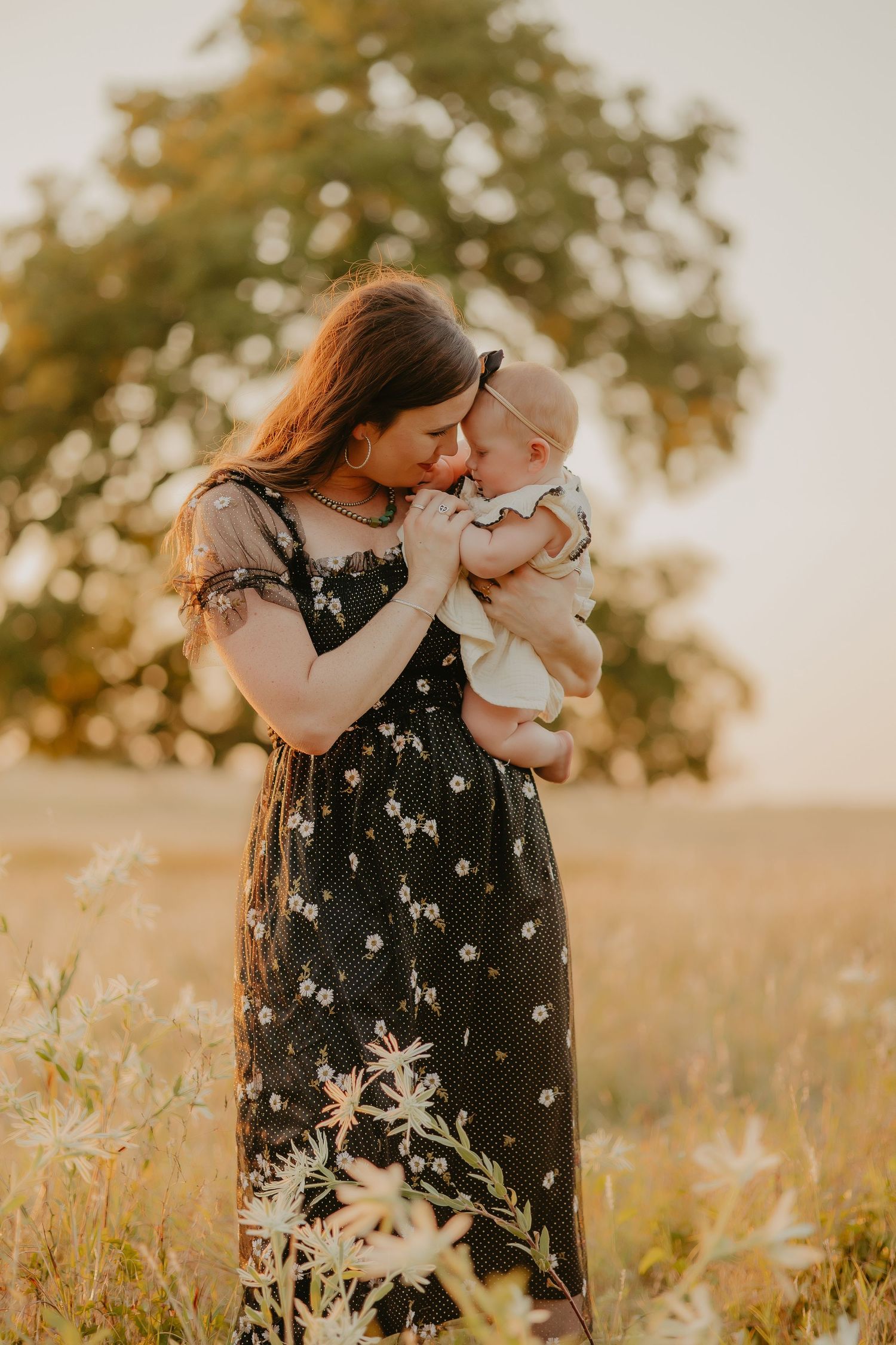 Tender outdoor family moment captured in warm sunset light among tall grass.