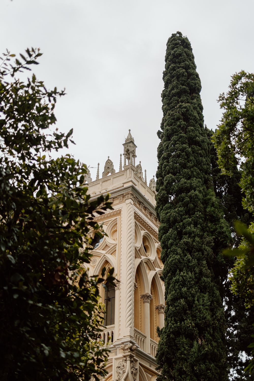 Ornate white gothic tower with spires rises between tall cypress trees in a scenic garden setting.