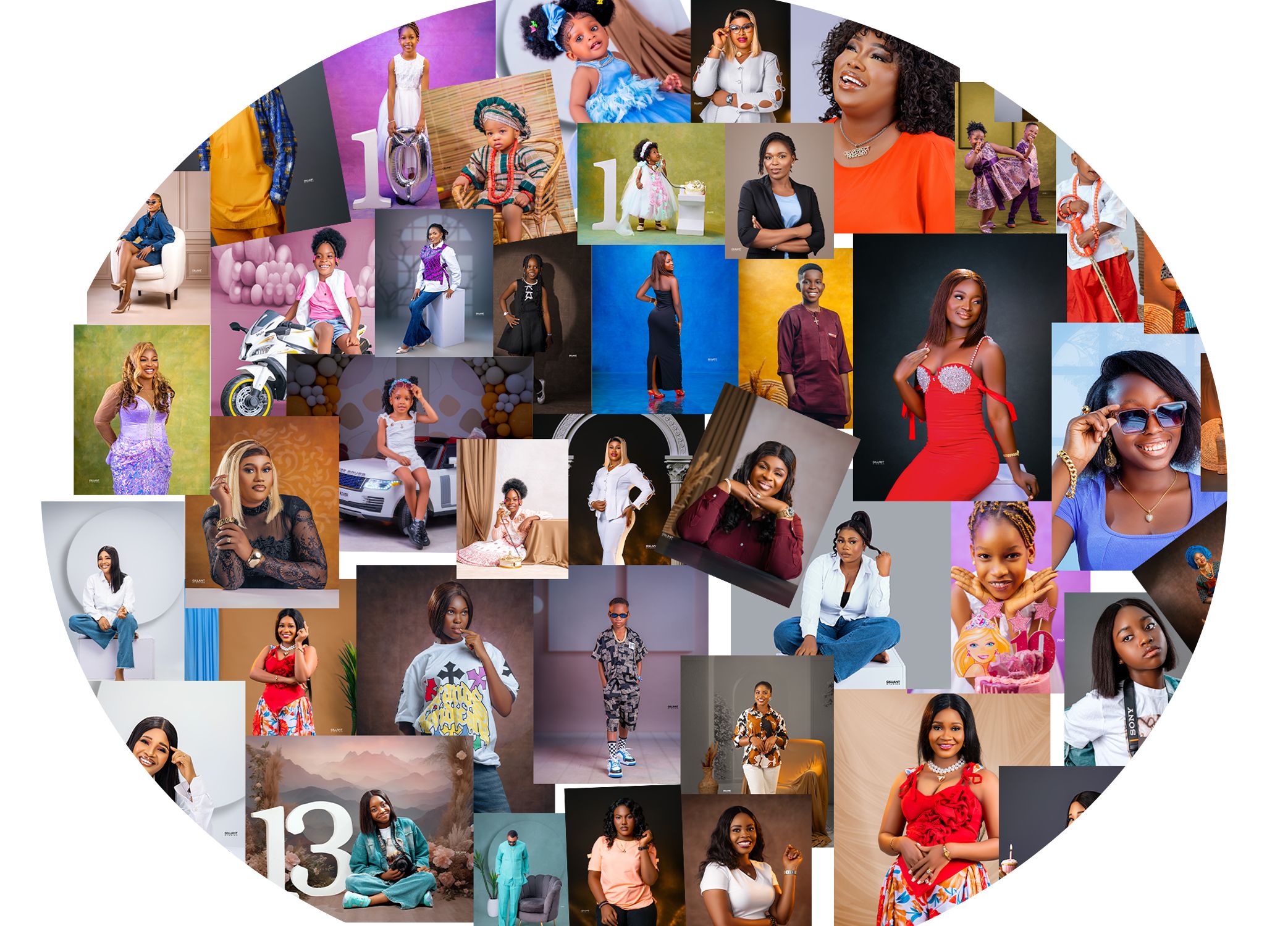 A collage of portrait photography showing various poses and expressions.