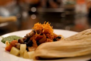 Close-up of a gourmet dish with shredded garnish and corn husk on a dark background.