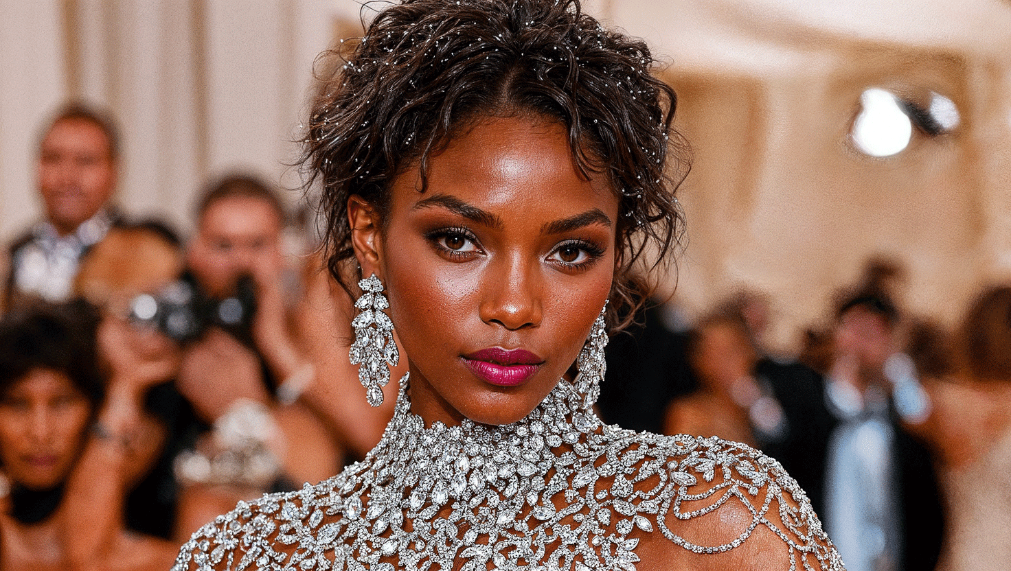 Woman wearing a dazzling high-neck crystal-embellished gown with dramatic chandelier earrings at a formal event.