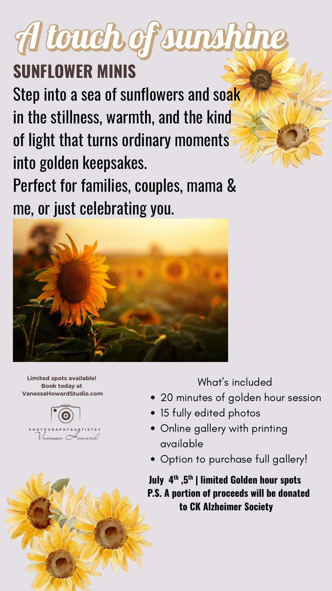 Promotional flyer for sunflower mini photography sessions featuring vibrant yellow sunflowers and marketing details.