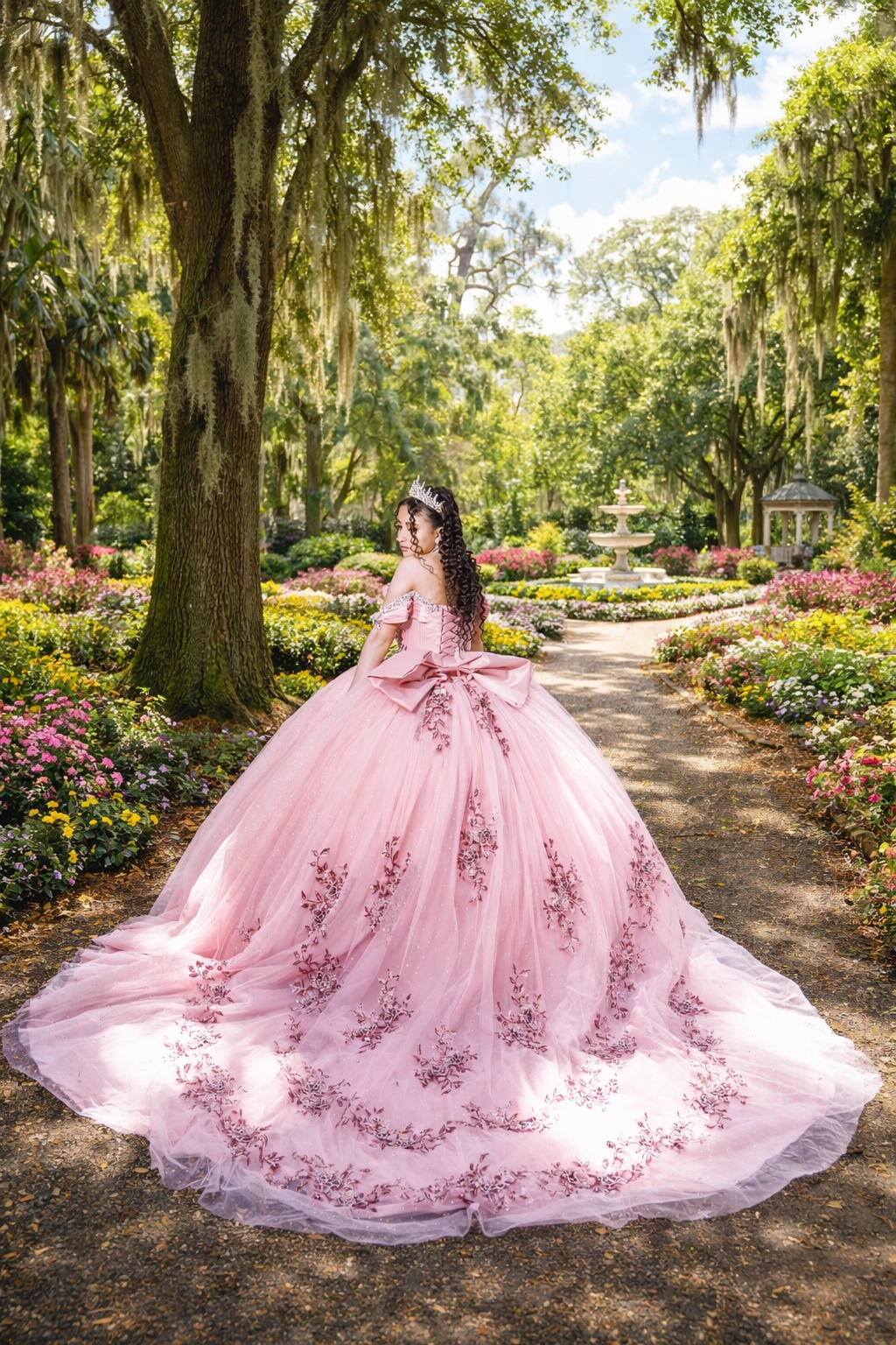 Young woman in a pink floral ball gown quinceañera dress poses in a lush garden pathway with Spanish moss trees.