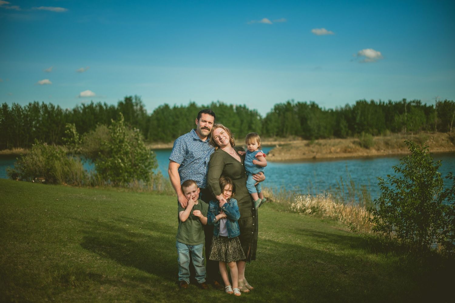 A photographic sequence set outdoors showing people enjoying activities near a lake on a sunny summer day.