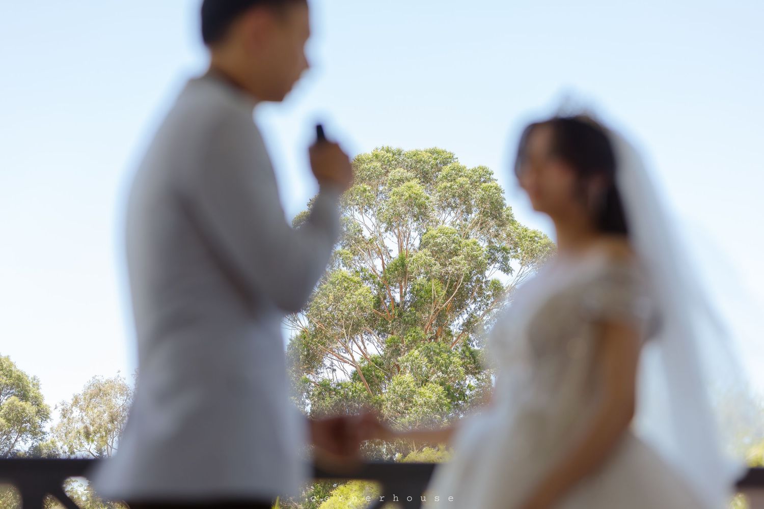 Blurred silhouettes of a bride and groom against a sunlit tree backdrop during an outdoor wedding ceremony.