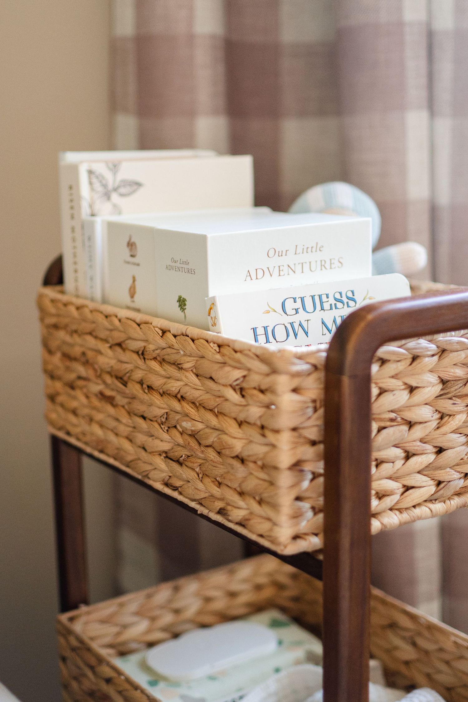 Books in a nursery during a newborn session at home.