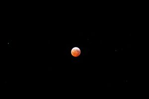 Blood moon during lunar eclipse floating in dark sky with stars visible.