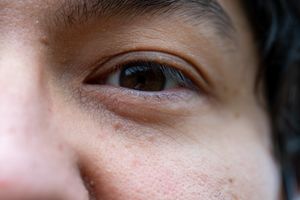 An extreme closeup macro shot showing a dark brown eye and eyebrow.