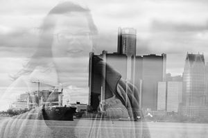 Chicago skyline cityscape view with tall skyscrapers and cloudy sky in black and white.