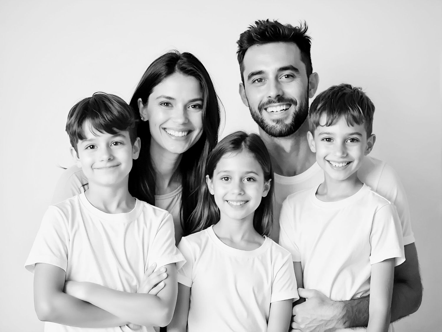Black and white family portrait with parents and three children in white t-shirts.