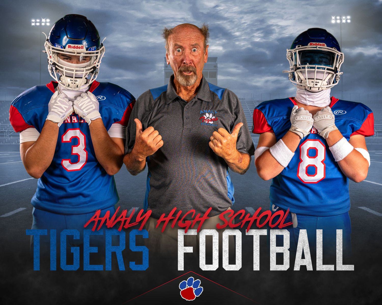 High school football team promotional photo with coaches and players against dramatic sky backdrop.