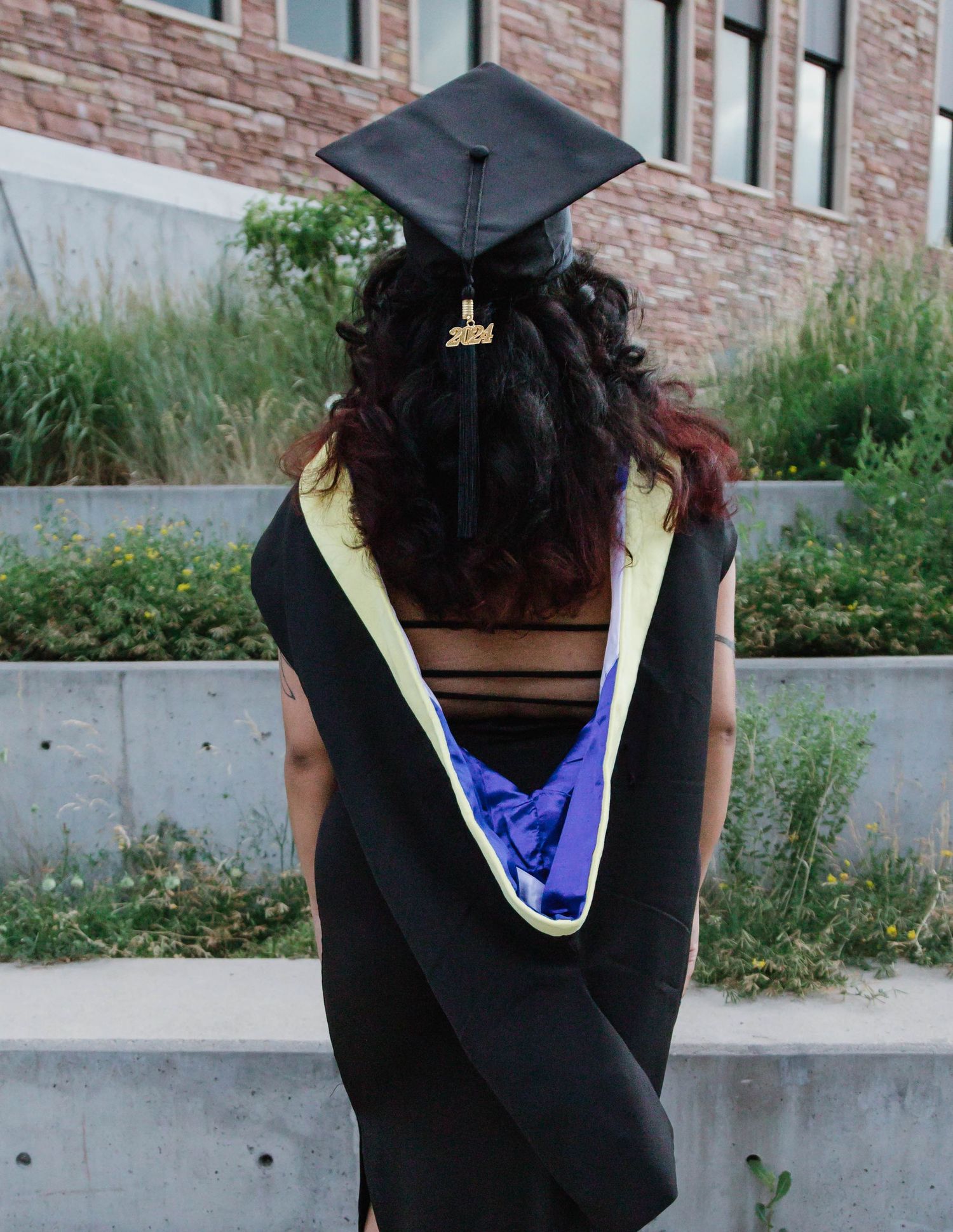 Graduate in black cap and gown with blue and gold hood stands with back turned against brick building exterior.