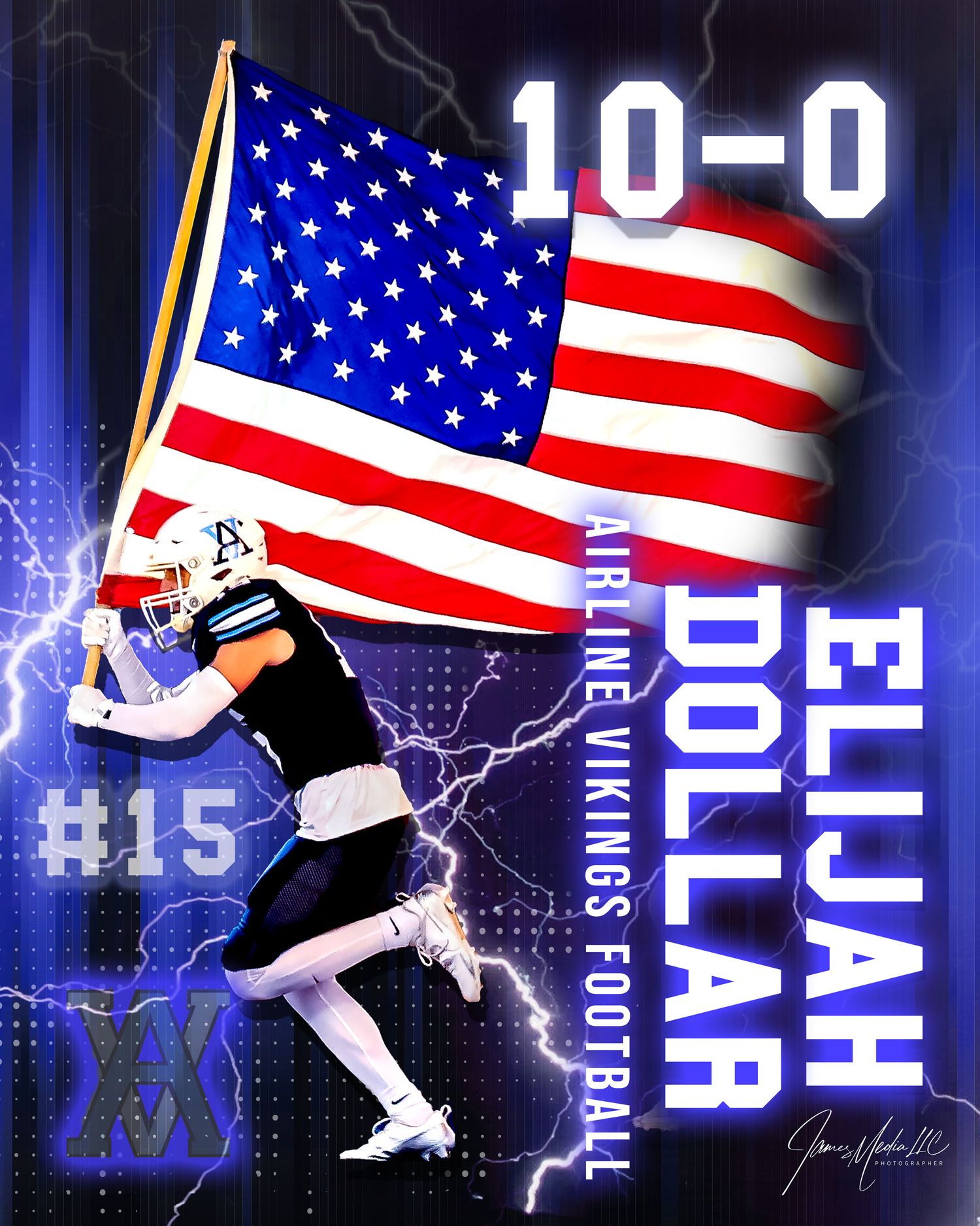 Football player in navy jersey carrying American flag with 10-0 record and lightning effects in team design artwork.