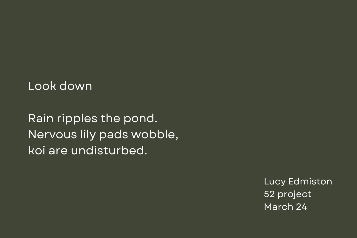 Haiku-style poem about rain ripples and lily pads on a pond presented on dark green background.