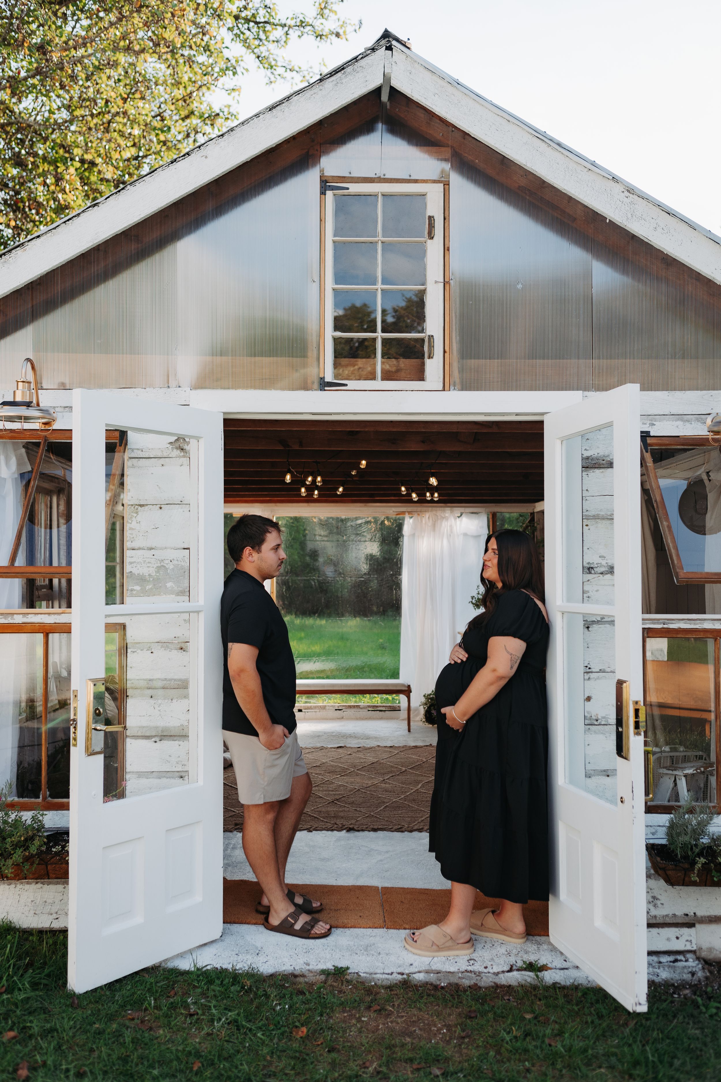 A sequence of photos showing people exploring a small white greenhouse or garden shed.