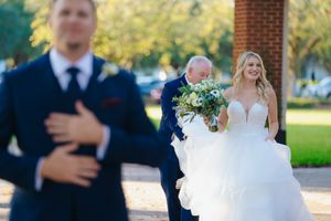 A sequence of wedding ceremony images showing elegant outdoor moments with couples against natural backdrops.