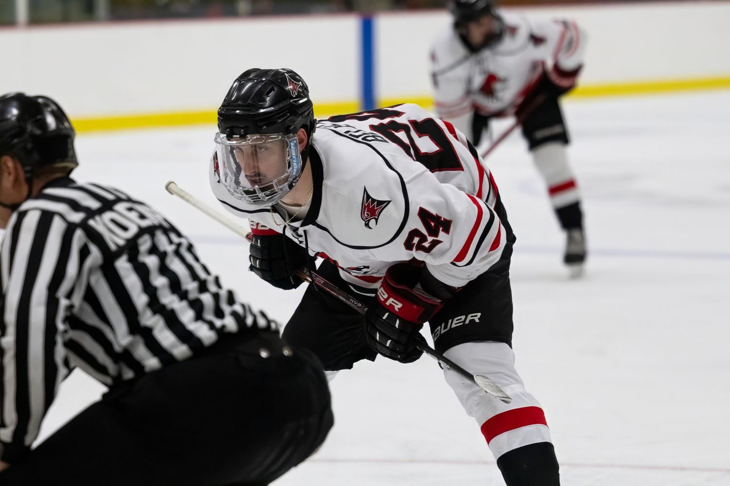Hockey player in white jersey during face-off with referee in black and white stripes.
