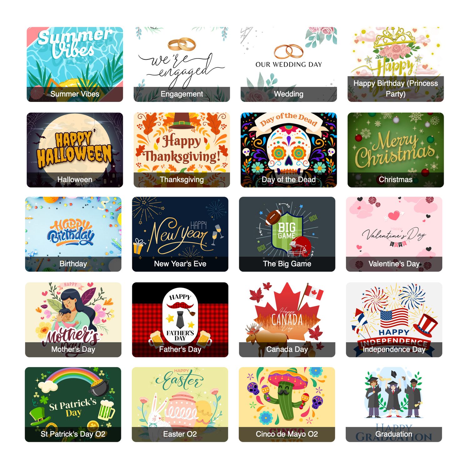 Collection of seasonal greeting card designs featuring holiday themes like Christmas, Halloween and Thanksgiving.