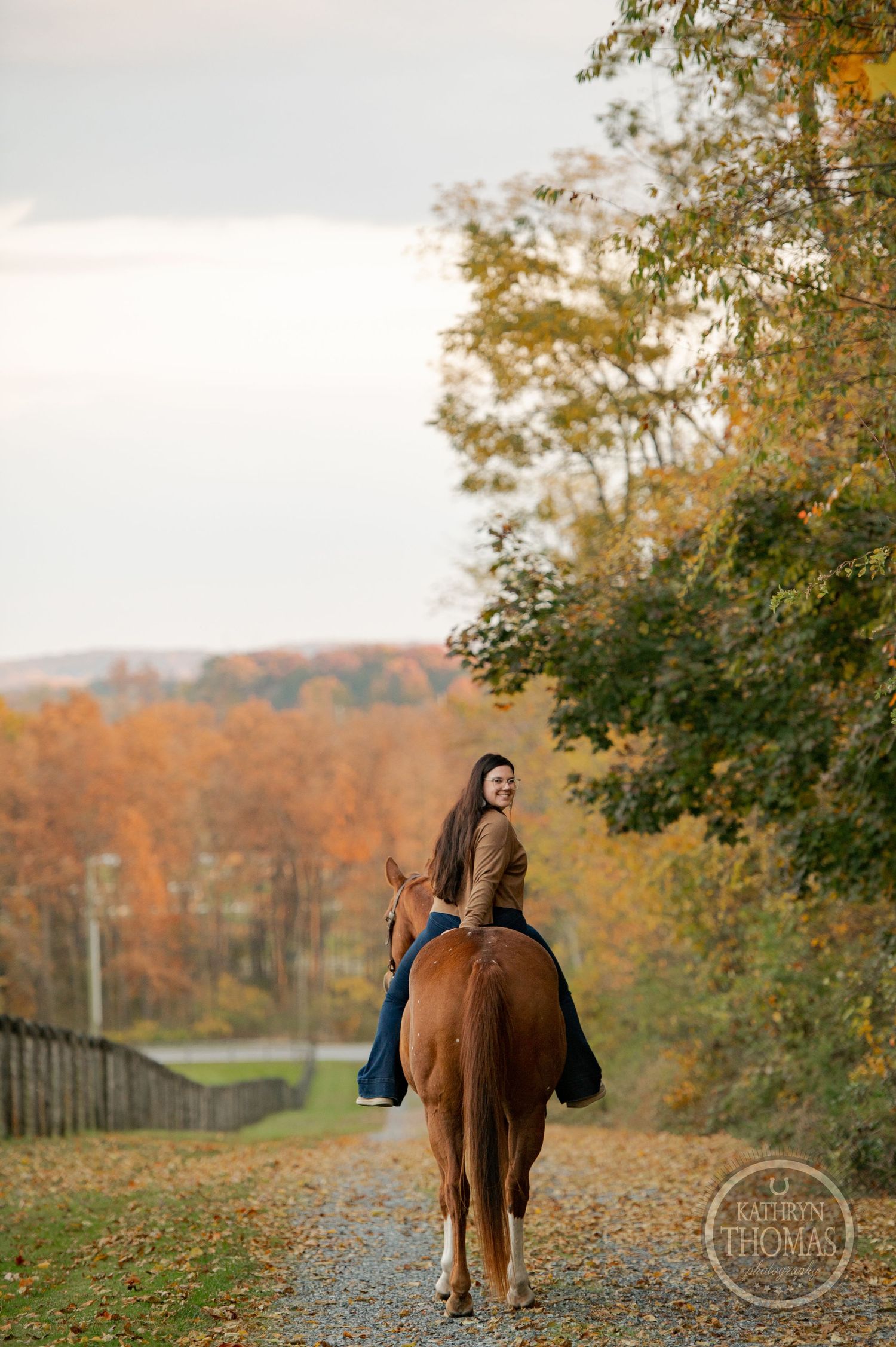 A brown horse carries a rider down a scenic autumn path bordered by colorful fall trees.