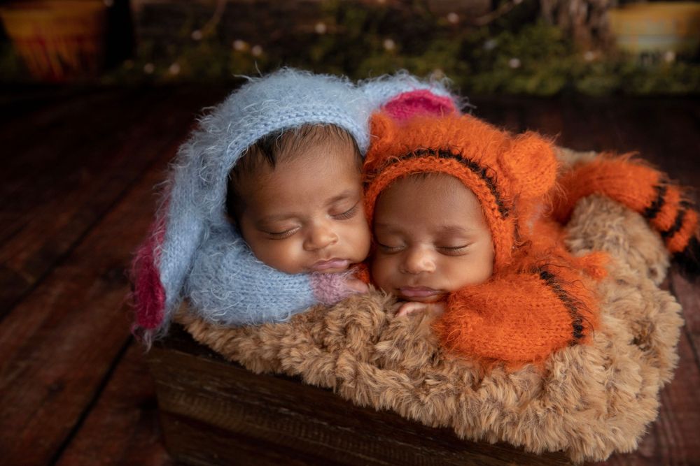 Twin newborns in Winnie the Pooh Inspired themed character outfits during creative newborn photography session in Central Florida.
