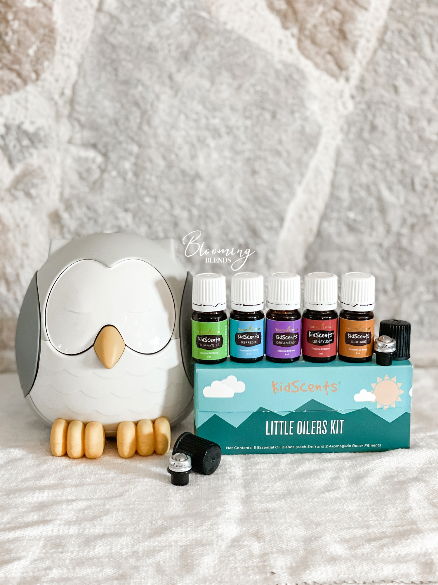 starterskit young living owl diffuser
kidscents olie olieën
Little Oilers met uil Diffuser