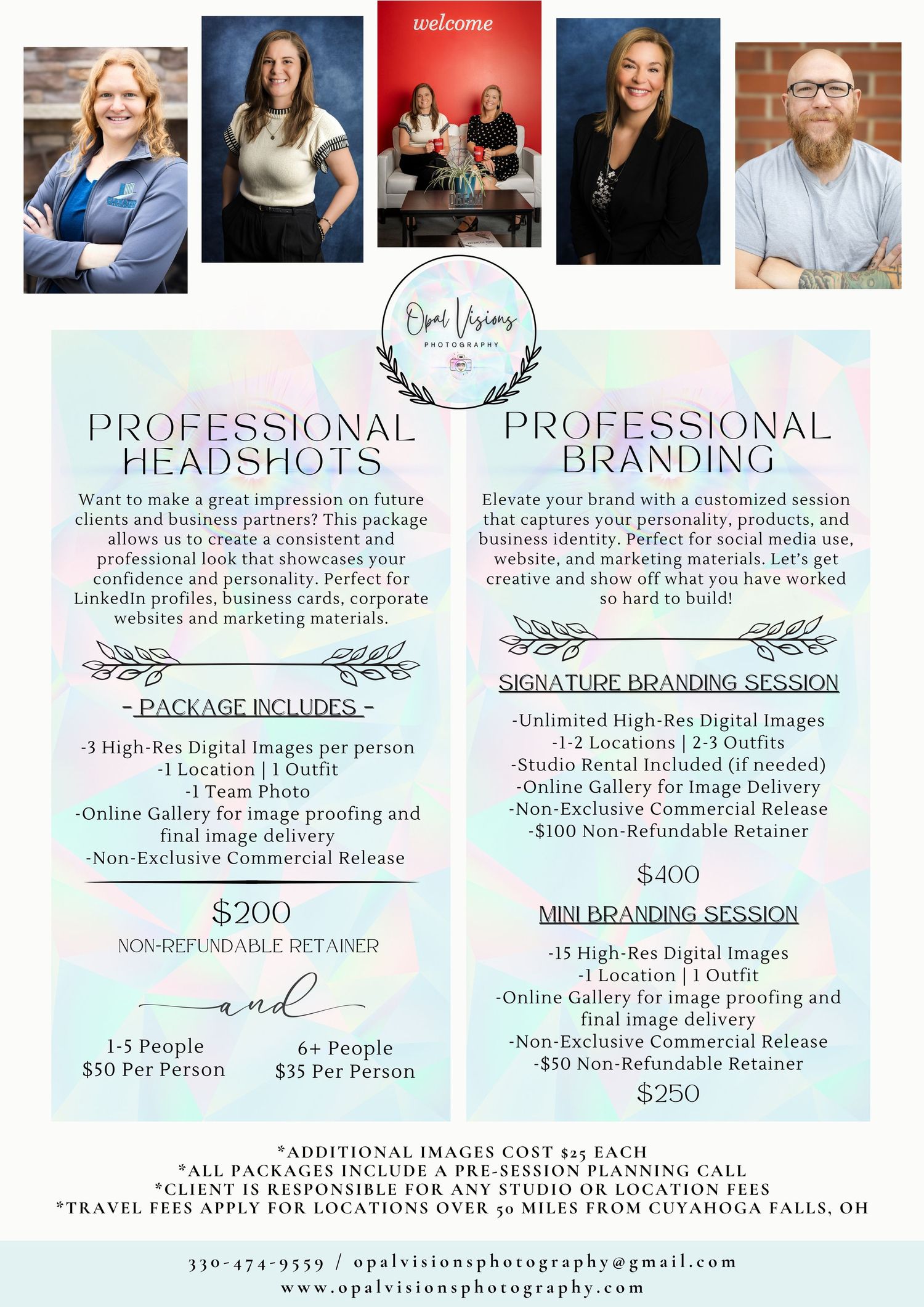 Professional photography pricing guide showing headshot and branding packages with sample portfolio images above pricing details.