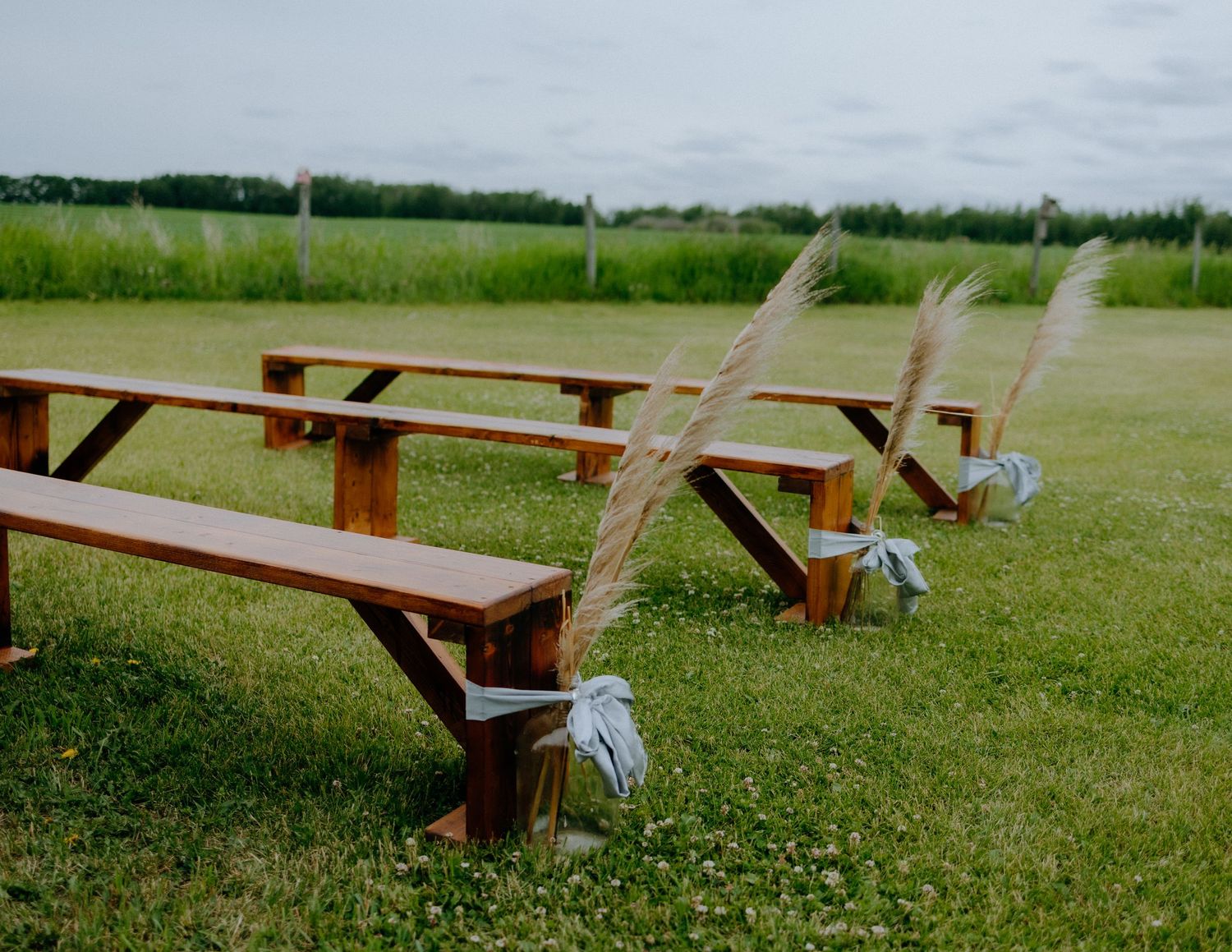 Wooden benches decorated with delicate bows arranged outdoors on green grass for a wedding ceremony.