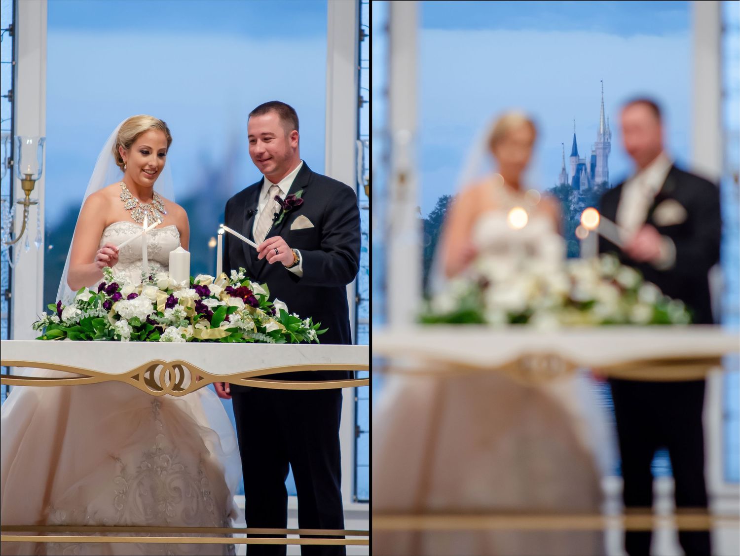 Bride and groom lighting unity candle at elegant Disney wedding ceremony with floral arrangements.