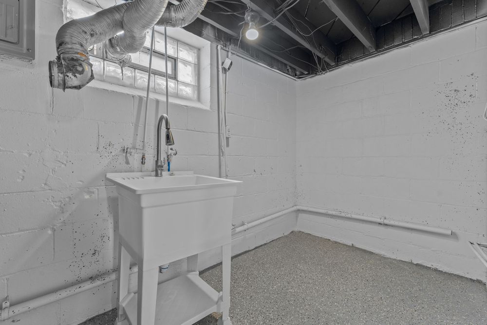 Unfinished basement utility room with white sink vanity, exposed ductwork, painted block walls, and speckled floor. Detroit MI Real Estate