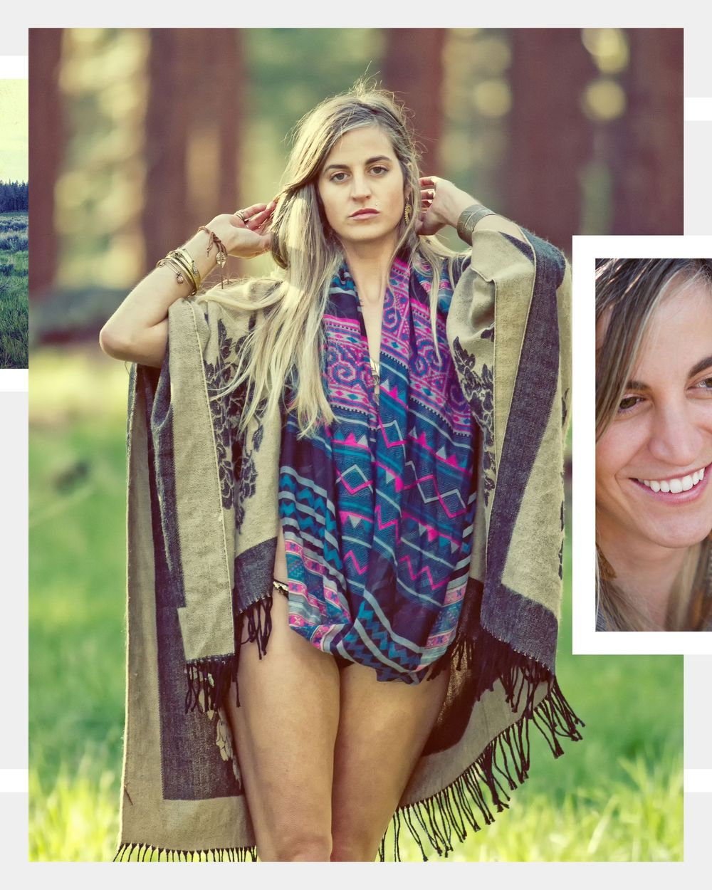 Woman in bohemian fringe wrap and colorful tribal print top poses outdoors with inset smiling portrait.