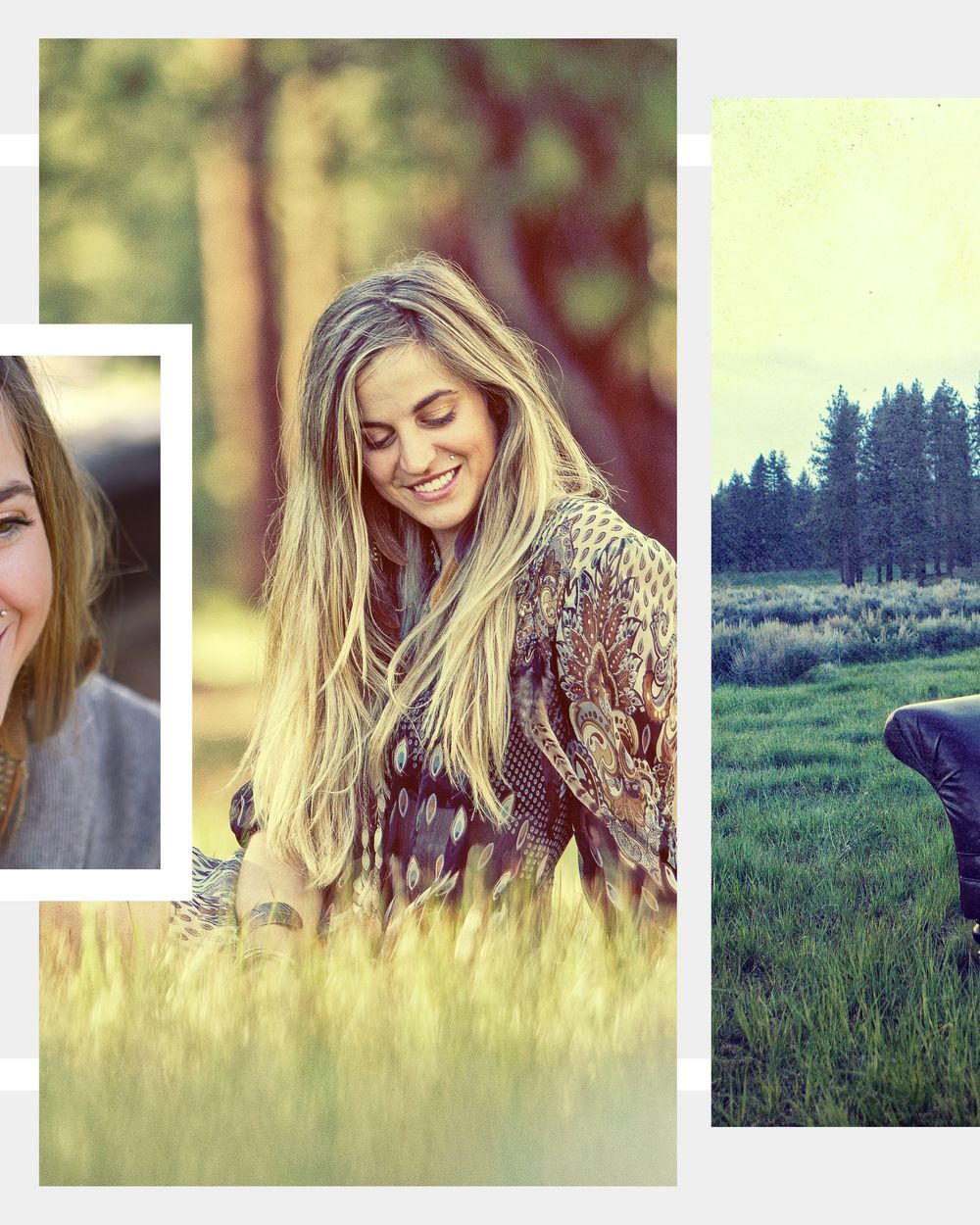 Three women photographed outdoors in nature settings, smiling and enjoying the fresh air among trees and golden fields.