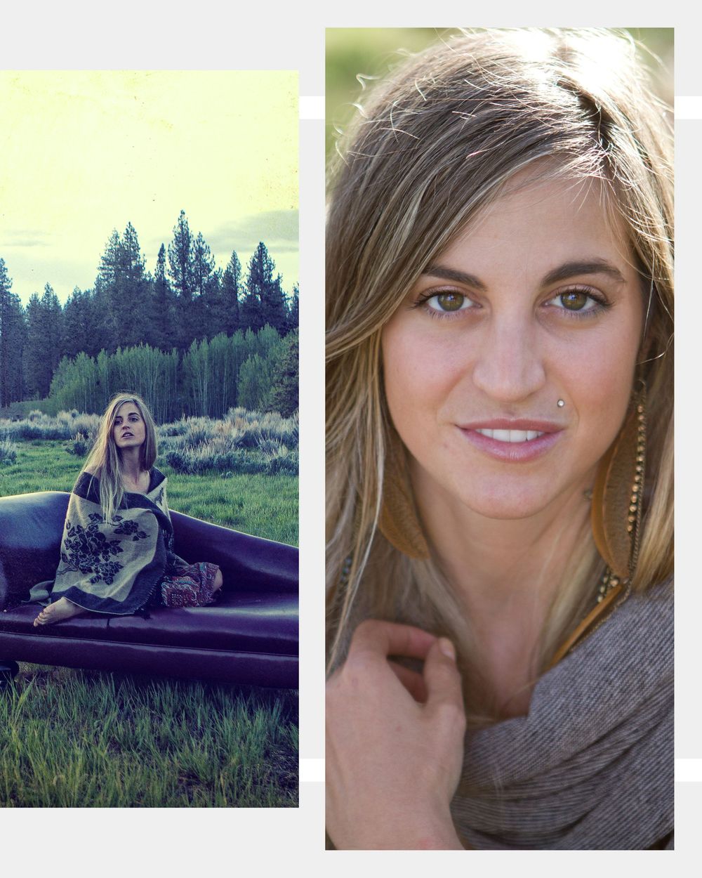 Young woman with blonde hair poses on a black couch in a green meadow with pine trees in the background.