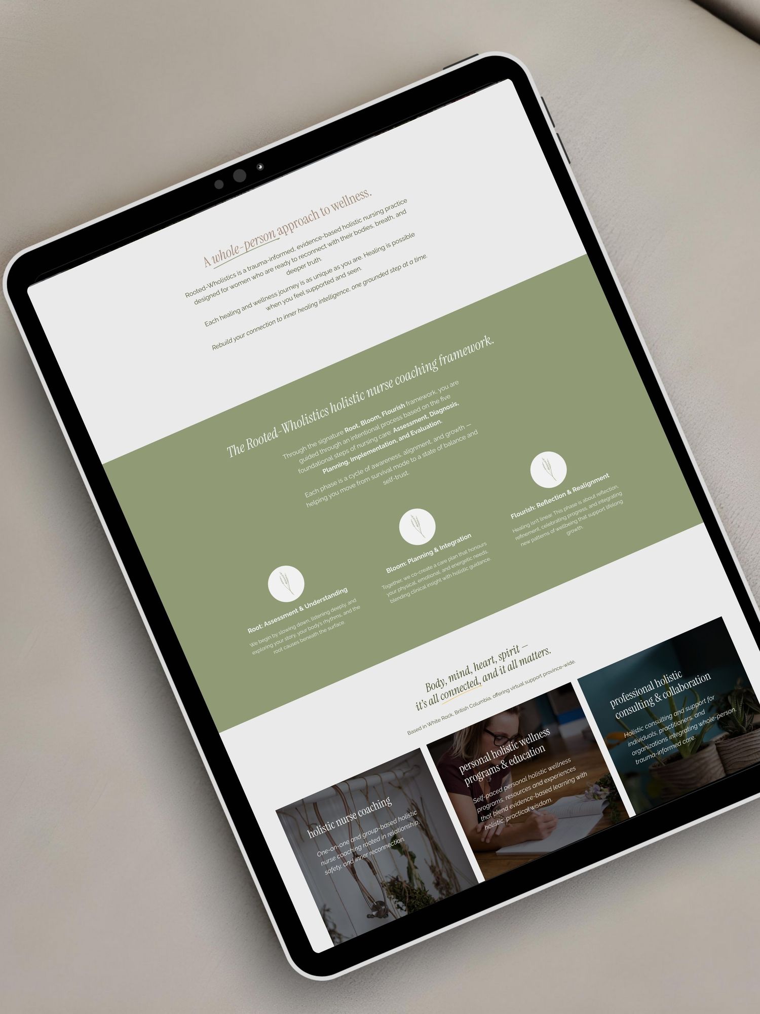 A tablet displaying a modern wellness coaching website with sage green accents and clean typography on a neutral background.
