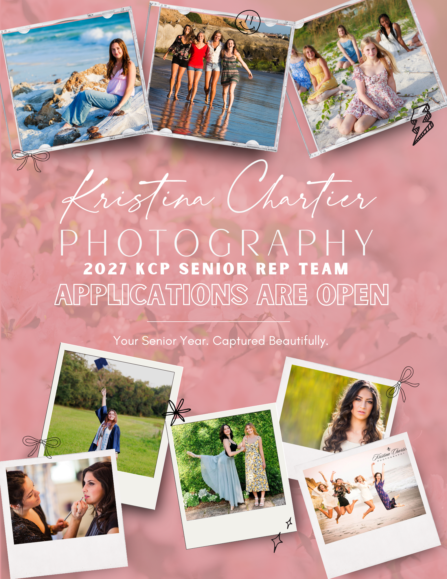 Kristina Chartier Photography 2027 KCP Senior Rep Team applications open flyer with senior portrait collage on pink background.