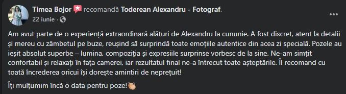 Screenshot of a social media review comment in Romanian language.
