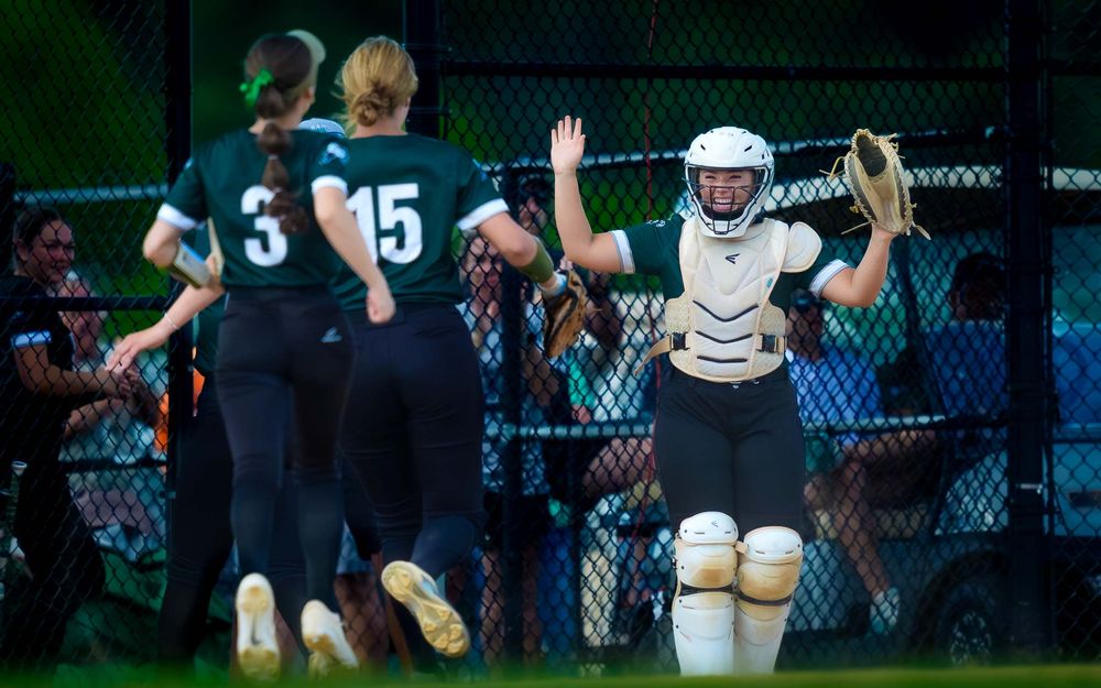 Central Dauphin Rams softball catcher celebrates vs North Penn, PIAA States Round One, by Deanna Fox, SportsFox Photography based in Hershey